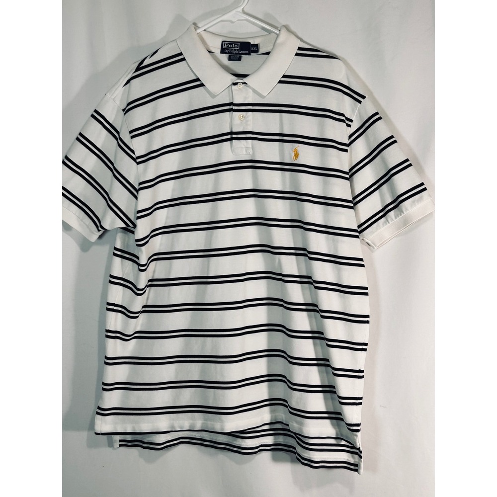 Polo Ralph Lauren Mens XXL White Navy Blue Striped Cotton Pique Polo Shirt